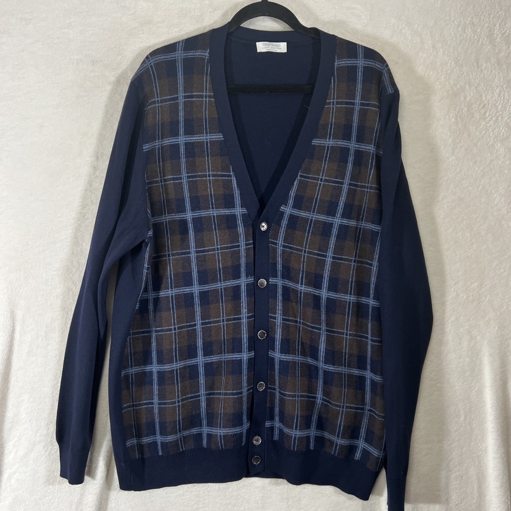 Gran Sasso 100% Virgin Wool V-Neck Sweater Cardigan Plaid Blue 56 Italy Luxury